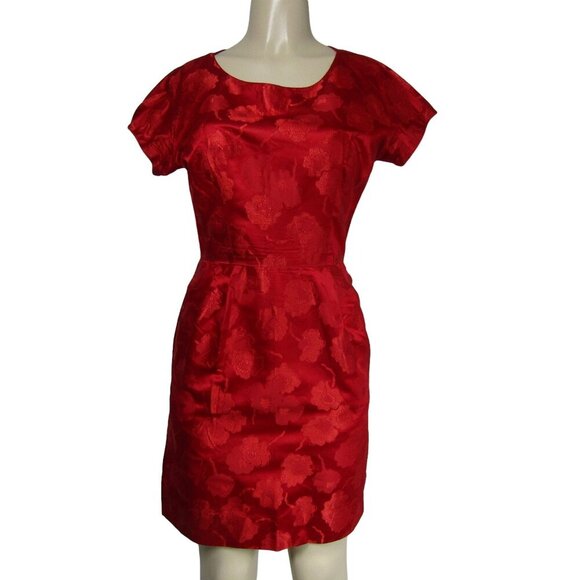 VINTAGE 60s S ASIAN Brocade Silk Blend MOD Red Cocktail Mad Men Suzie Wong Dress - Picture 1 of 10
